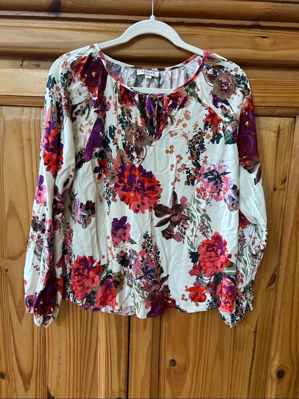 Andree By Unit Floral Tie-Neck Blouse Cream Pink Purple 100% Rayon